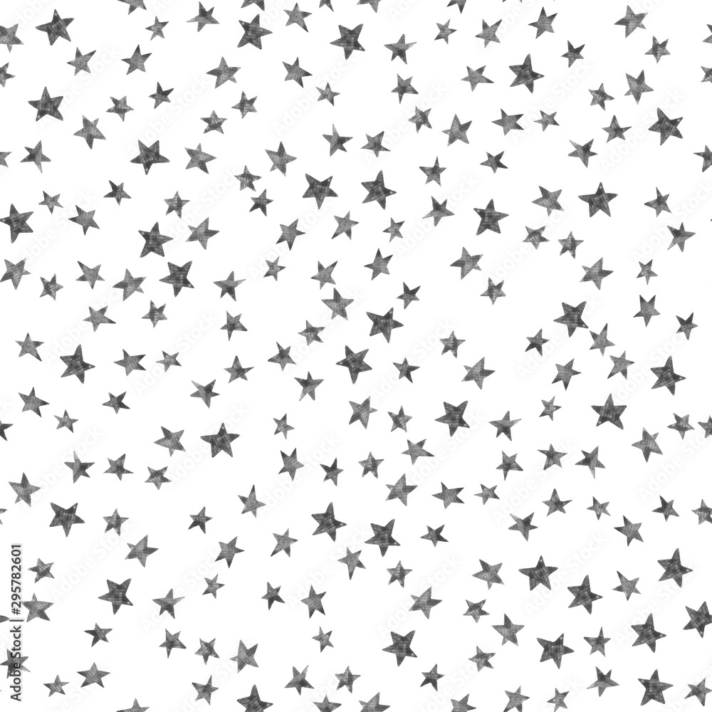 Starry sky seamless pattern with simple stars on white background. Watercolor doodle illustration.