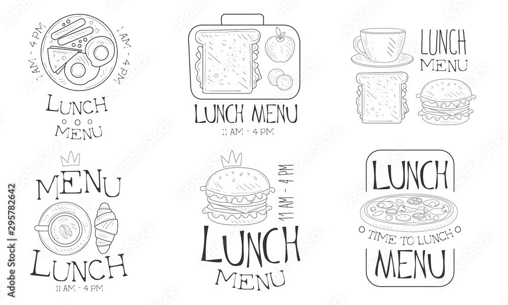 Lunch Menu Hand Drawn Retro Labels Set, Time to Lunch Monochrome Badges Vector Illustration