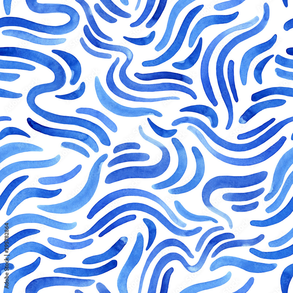 Aqua blue abstract brush strokes seamless pattern. Watercolor fluid shapes background