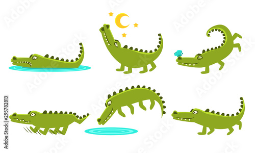 Cute Crocodile Cartoon Character In Different Poses Set, Funny Amphibian Animal with Different Emotions Vector Illustration © topvectors