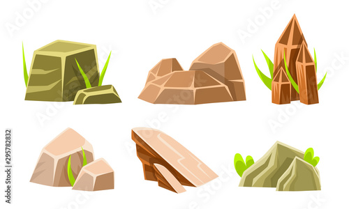 Rock Stones And Boulders With Grass Set  Summer Landscape Elements Vector Illustration