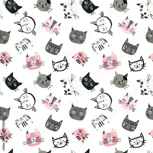 Photography Watercolor cute cats faces seamless pattern