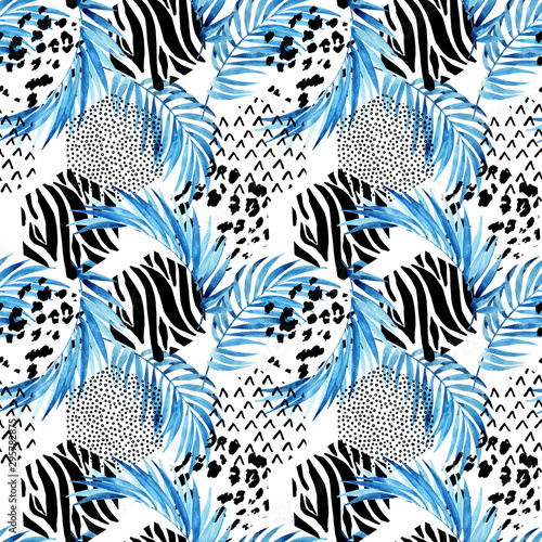 Blue watercolor tropical leaves and ornated triangles background. Unusual wat...