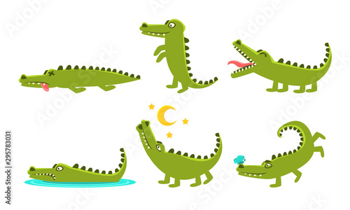 Crocodile Cartoon Character In Different Poses Set, Cute Amphibian Animal with Different Emotions Vector Illustration © topvectors