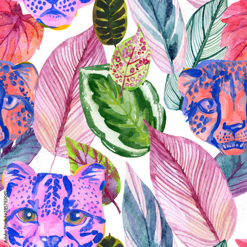 Bright watercolor tropical botanical illustration with colorful leaves and wi...