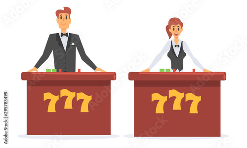 Casino Croupier Characters, Male and Female Casino Workers Vector Illustration