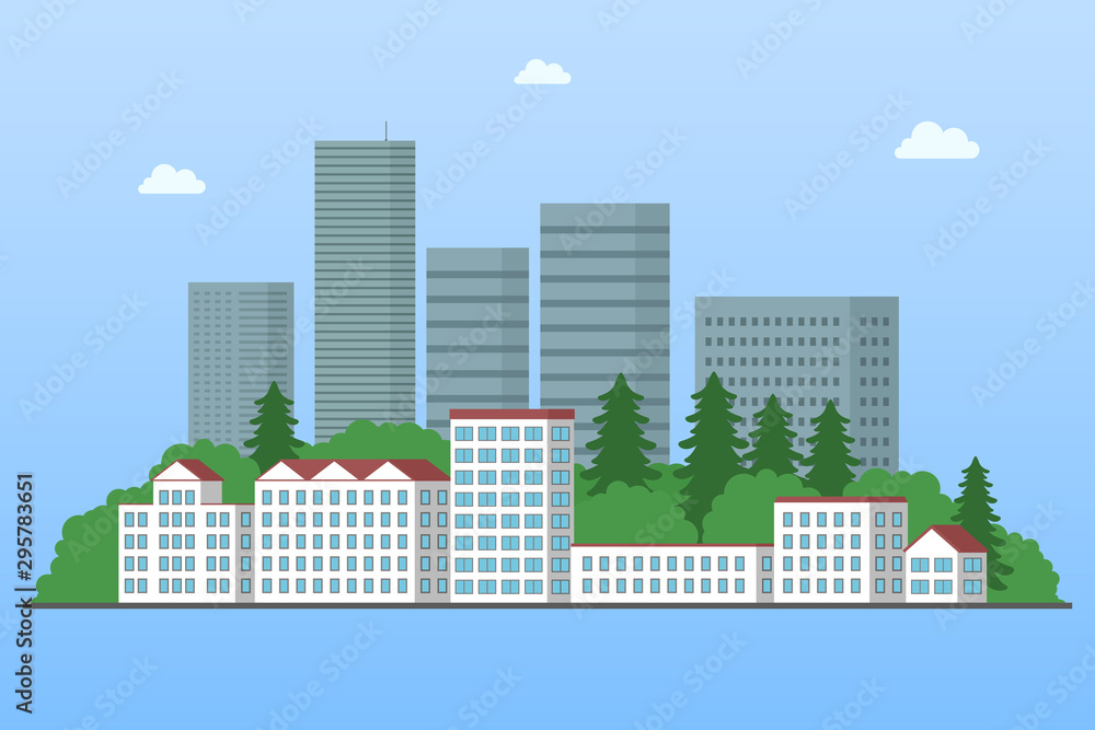 Skyscrapers, park and residential buildings. Cartoon style. Vector illustration. Skyscrapers, park and residential buildings. Cartoon style. Vector illustration.