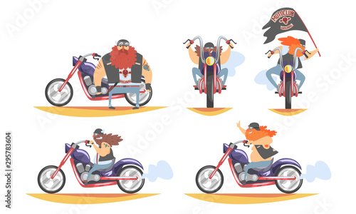 Brutal Biker Character Riding Motorbike Set, Motorcyclist in Black Leather Vest and His Motorcycle, Side and Front View Vector Illustration
