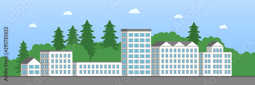 Residential buildings and forest. Vector illustration.