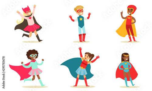 Cute Boys and Girls in Superhero Costumes Set, Kids in Capes and Masks Having Fun at Party Vector Illustration