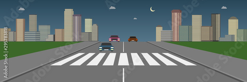Zebra crosswalk and cars. Evening. Vector.