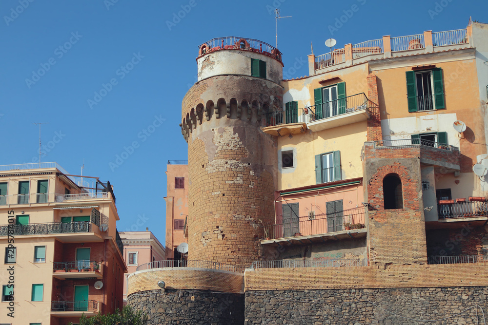 Ancient tower and city. Nettuno, Lazio, Italy