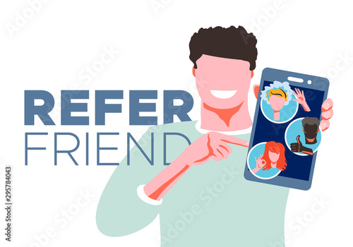 Refer a friend referral program concept. Man manager holding smartphone and shows to her friends people as icon, avatar. Character invites acquaintances to marketing promotion, sharing refer code