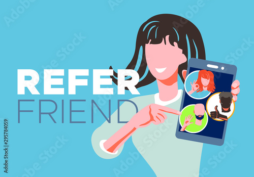 Refer a friend referral program concept. Woman manager holding smartphone and shows to her friends people as icon, avatar. Character invites acquaintances to marketing promotion, sharing refer code