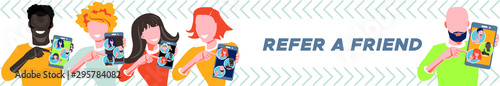 Refer a friend referral program concept. Group of people of different races and nationalities holding smartphone and shows to friends. Character invites to marketing promotion, sharing refer code