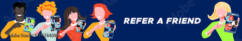 Refer a friend referral program concept. Group of people of different races and nationalities holding smartphone and shows to friends. Character invites to marketing promotion, sharing refer code