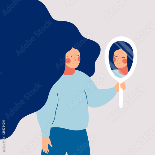 Sad young woman looks on her reflection in mirror with sorrow. Cartoon flat style
