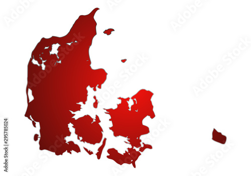 Mapa rojo de Dinamarca sobre fondo blanco.