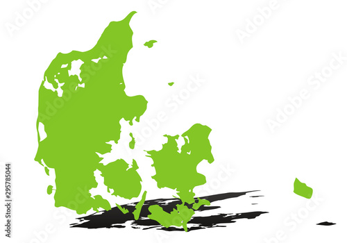 Mapa verde de Dinamarca sobre fondo blanco.