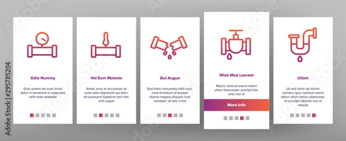 Plumbing Fixtures Onboarding Mobile App Page Screen Vector Icons Set Thin Line. Faucet And Mixer, Valve And Sink, Pipe Tube And Tools Plumbing Fixtures Concept Linear Pictograms. Contour Illustrations