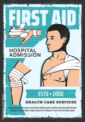 Knee, leg, arm and shoulder bandages. First aid