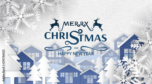 Merry Christmas and Happy New Year, Paper art design, Advertising with winter composition in paper cut style background, Vector illustration, holiday party