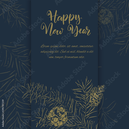 Christmas sketch hand drawn illustration with pine tree branches and cones.Vector illustration for your design. Template greeting card with pine tree branches. Engraved style illustration.