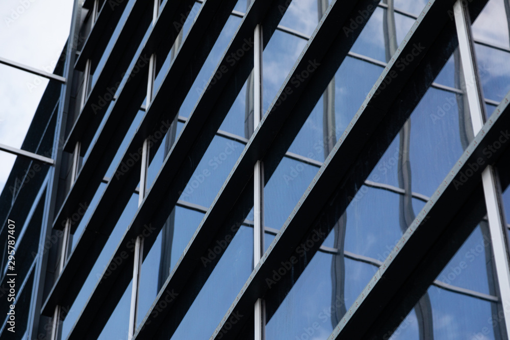 Diagonal view of new glass office building Diagonal view of new glass office building