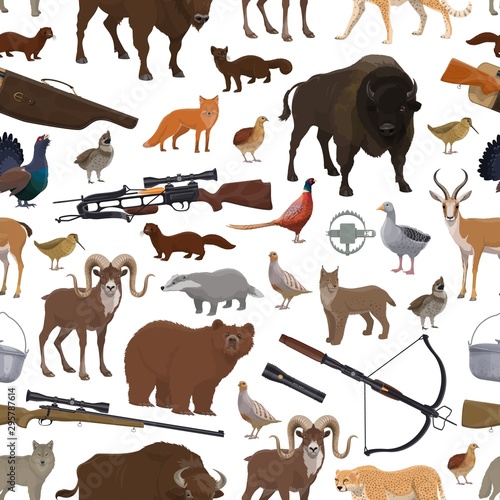 Hunting equipment and animals seamless pattern