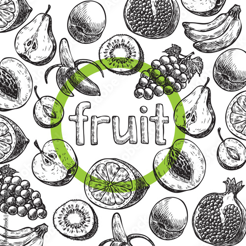 Background with fruits and inscription. Different fruits: banana, apple, kiwi, plum, etс. Hand drawn fresh fruits. Vector illustration on the white background. Organic food.