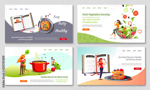 Set of web page design templates for Healthy food, cooking, recipes, fresh vegetables, recipe books. Vector illustration in a flat style can be used for poster, banner, website, presentation.