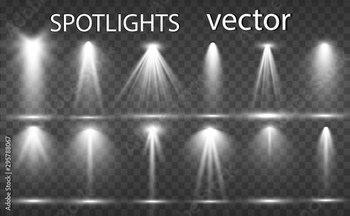 Searchlight collection for stage lighting, light transparent effects. Bright beautiful lighting with spotlights.