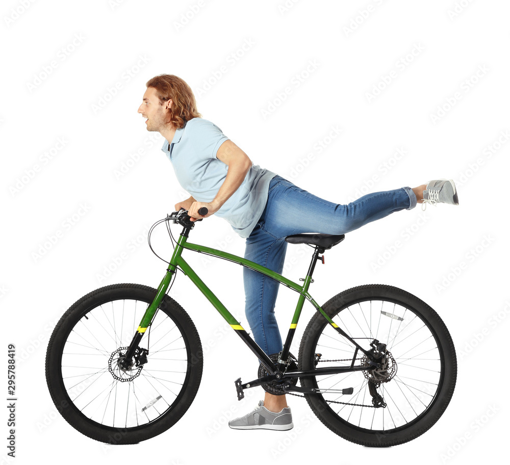 Young man with bicycle on white background Young man with bicycle on white background