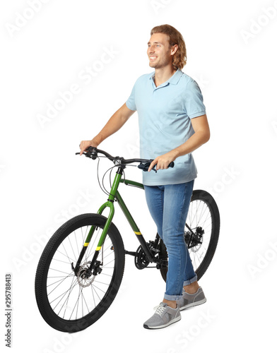 Happy young man with bicycle on white background