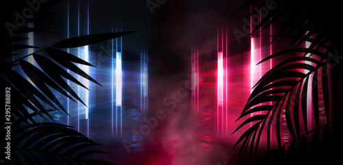 Neon, empty stage, wall, background with bright lighting, night city, night view. Tropical leaves. 