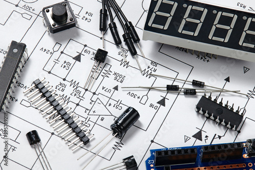 closeup of electronic component, unit, part, radio equipment and digital microchip - DIY kit for learning, training and development of electric circuits photo