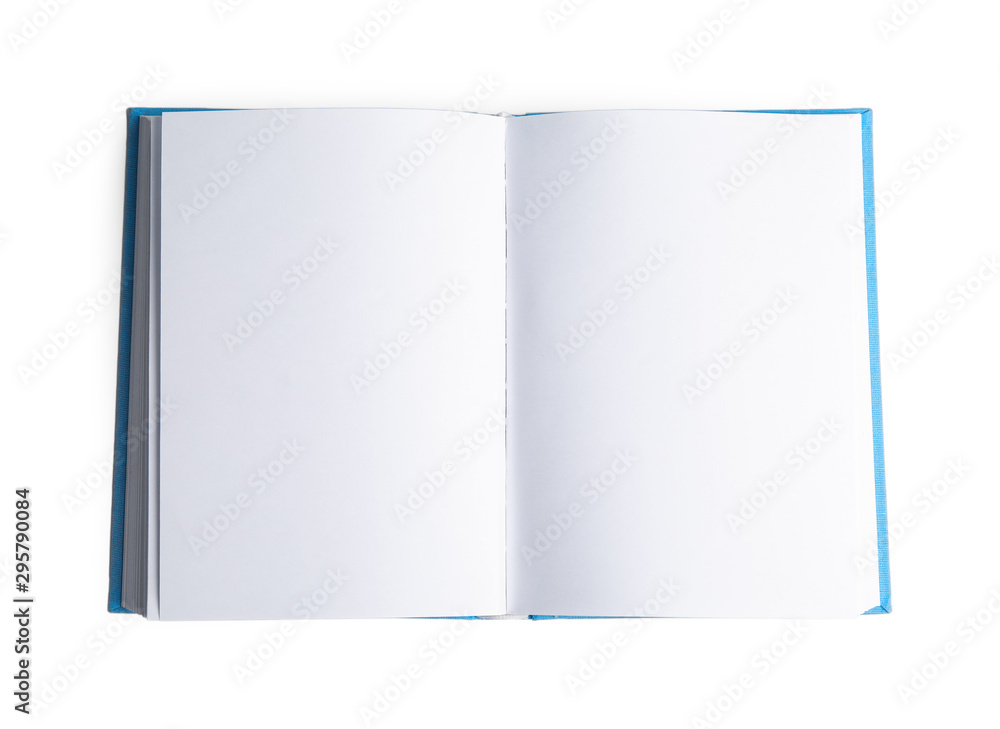 Open hardcover book with blank pages on white background, top view Open hardcover book with blank pages on white background, top view
