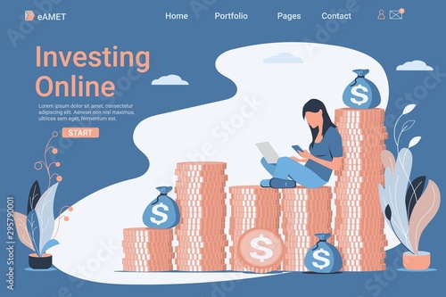 Financial consultant leaning on a stack of coins. Successful online  investor or entrepreneur. Financial consulting, investment and savings. Modern vector illustration.