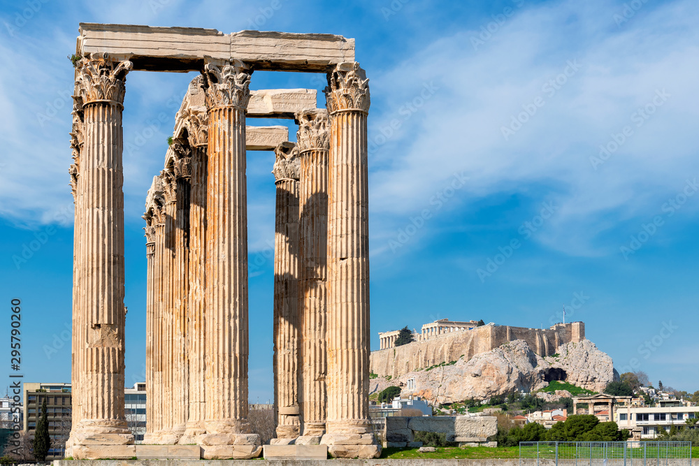 Acropolis in Athens, from temple of the Olympian Zeus in Athens, Greece.