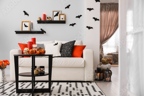 Modern room decorated for Halloween. Idea for festive interior photo