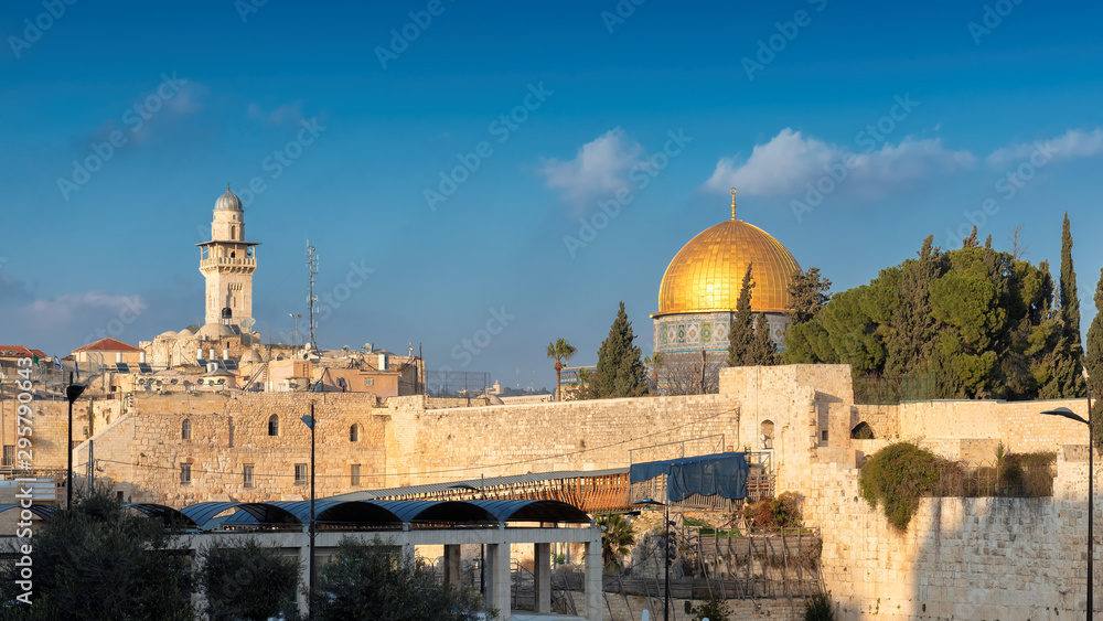 Western Wall and golden Dome of the Rock at sunset, Jerusalem Old City,  Israel.