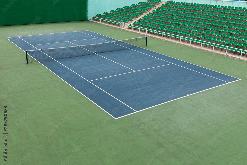 Front view of empty tennis court before competition start