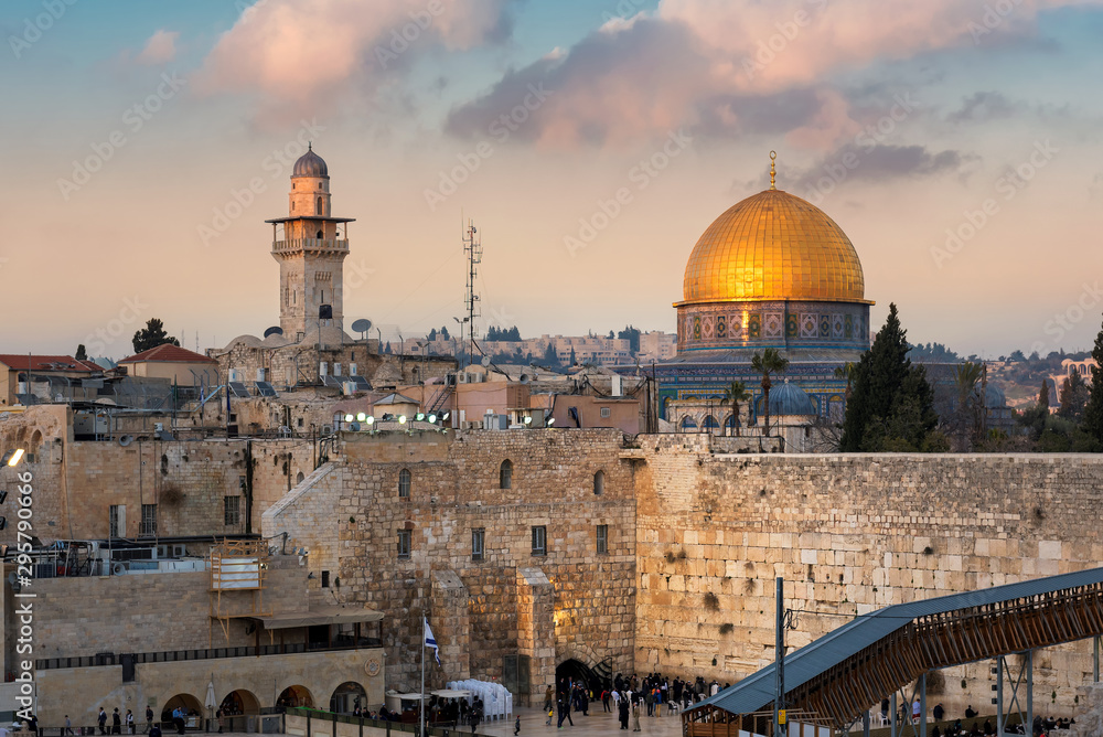 Western Wall and golden Dome of the Rock at sunset, Jerusalem Old City,  Israel.