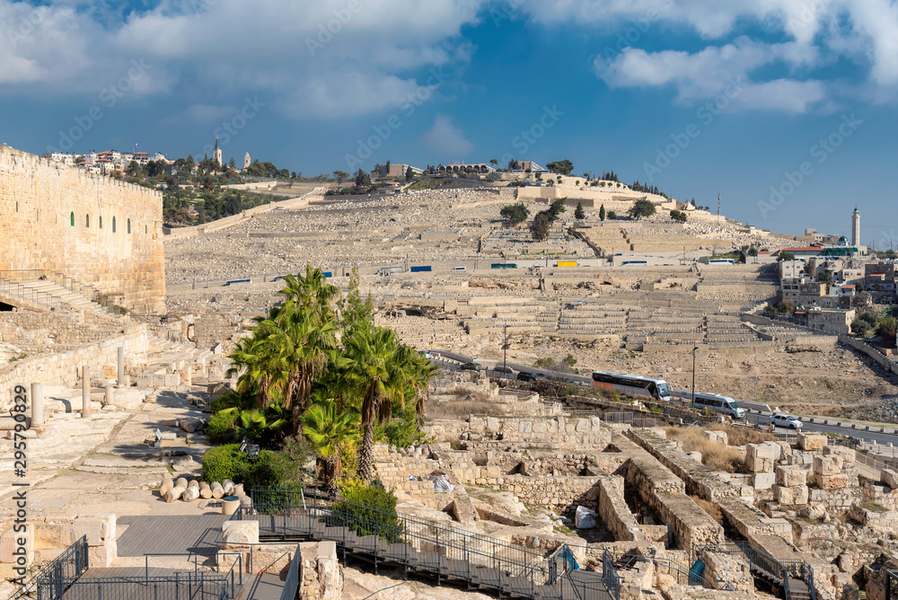 The Jerusalem Old city wall and view of the Mount of Olives in Jerusalem, Israel.