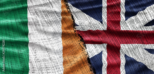 Political relationships. British flag and Irish flag. Background. Crisis concept.