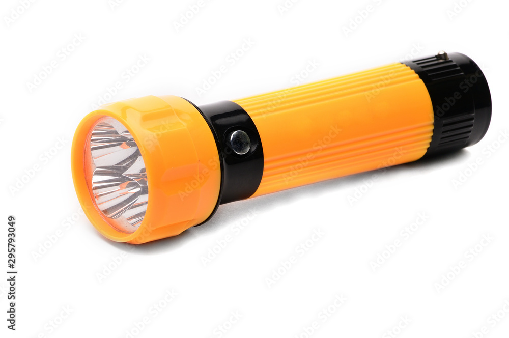 LED flashlight with the ability to recharge from the network on a white background