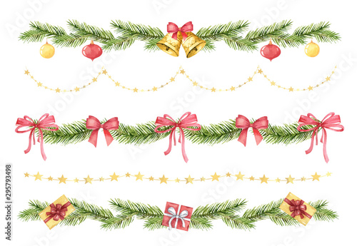 Watercolor vector Christmas set of borders of spruce green branches and gifts.