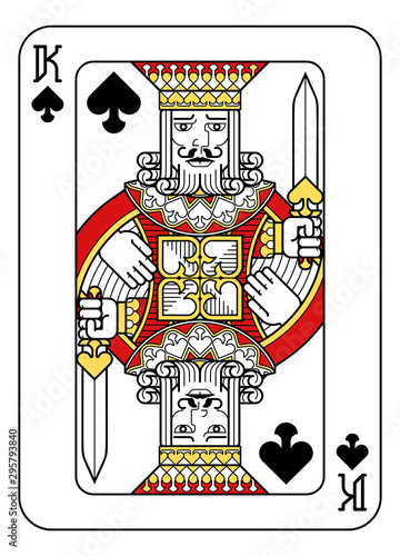 A playing card king of Spades in red, yellow and black from a new modern original complete full deck design. Standard poker size