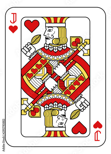 A playing card Jack of hearts in red, yellow and black from a new modern original complete full deck design. Standard poker size