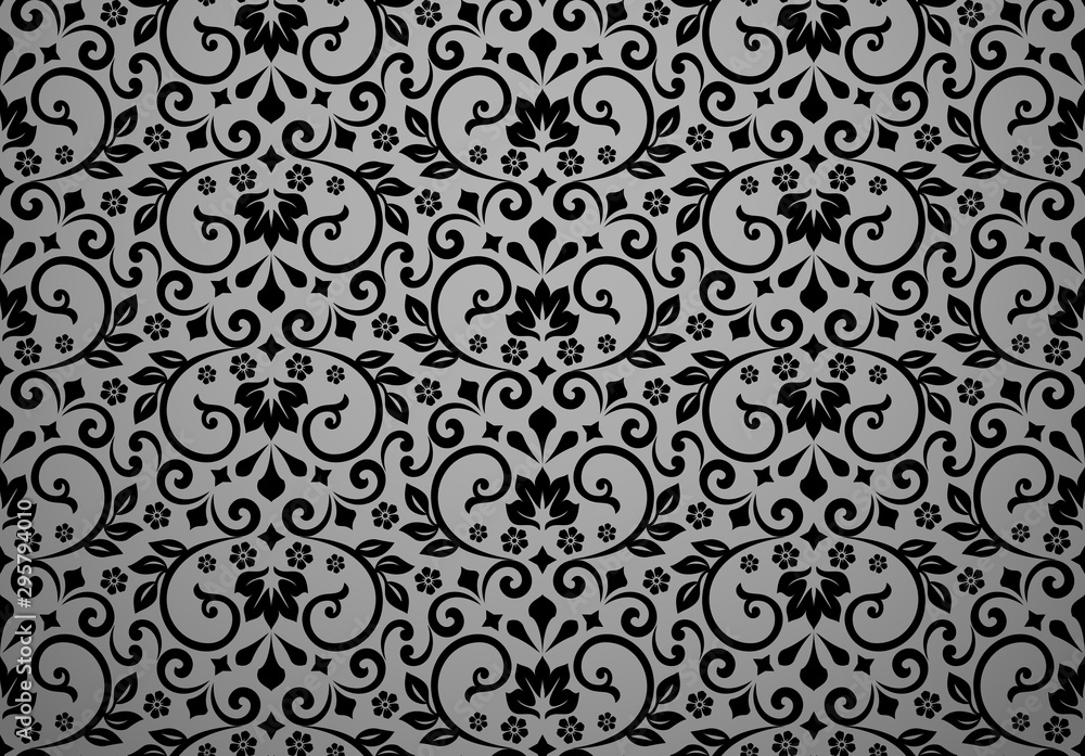 Wallpaper in the style of Baroque. Seamless vector background. Black floral ornament. Graphic pattern for fabric, wallpaper, packaging. Ornate Damask flower ornament Wallpaper in the style of Baroque. Seamless vector background. Black floral ornament. Graphic pattern for fabric, wallpaper, packaging. Ornate Damask flower ornament